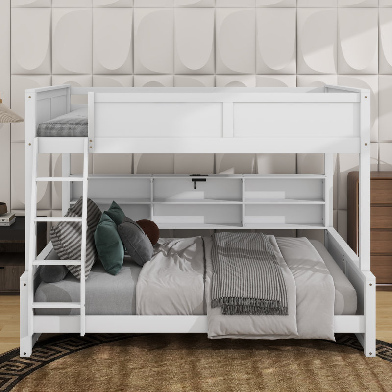 Lit double superposé au-dessus de grand lit double avec armoires de rangement et ports USB, Blanc antique