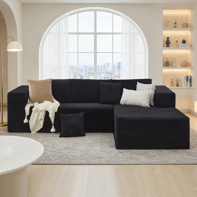 Modern No Assembly Required Upholstery Corduroy Compression Modular Sectional Couch Sofa with L-Shape Chaise 2 Piece and 5 Pillows Back, Free Combination, Modern Modular Sofa with Deep Seat