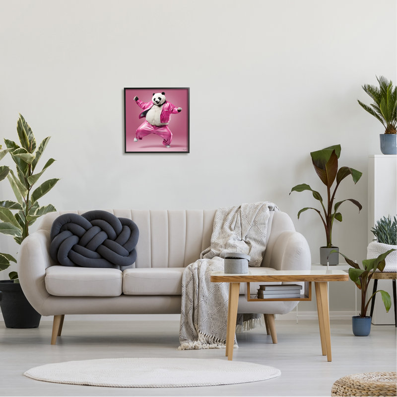 Panda dansant rose Az-158 par Roozbeh, H 17 po x l 17 po x P 1,5 po, Giclée encadrée noir minuit