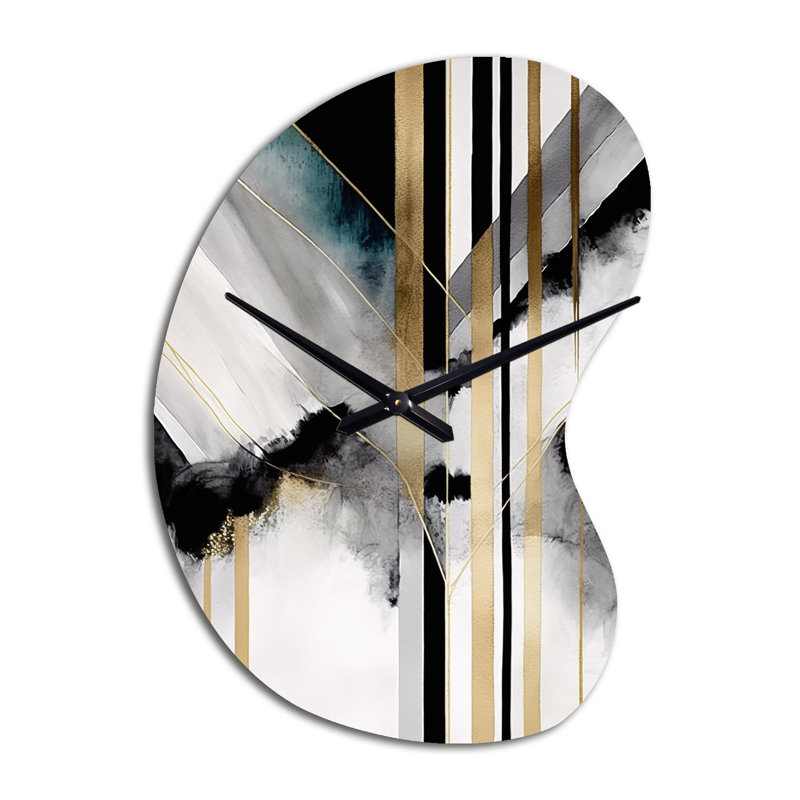 Abstrait géométrique géométrique noir et or I - horloge géométrique asymétrique en métal, impression d'horloge murale de forme unique noire