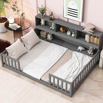 Lit double à plancher double avec rangement latéral - gris, bibliothèque et garde-corps de qualité pour chambre à coucher confortable et sécuritaire