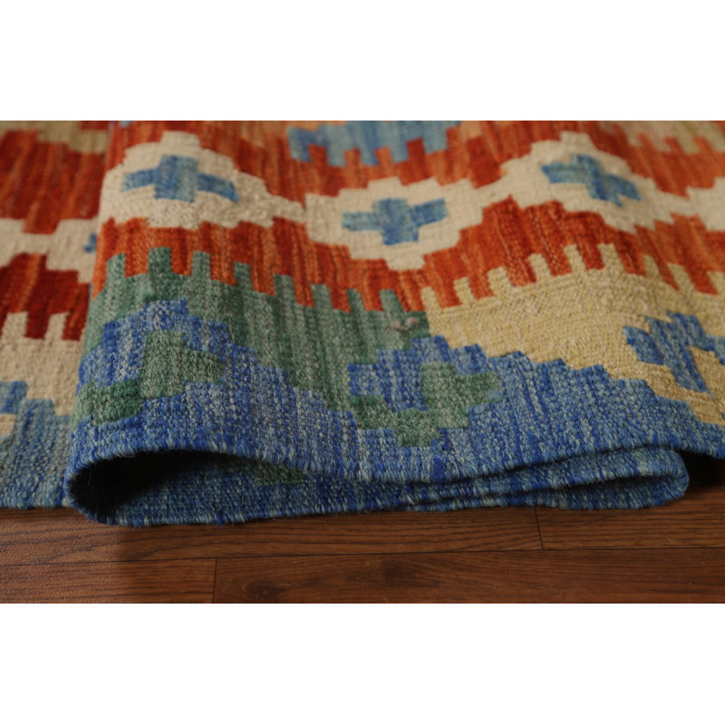 Tapis bleu / rouge / crème en laine tissé à plat à la main à motif géométrique 6 pi 7 po x 9 pi 6 po