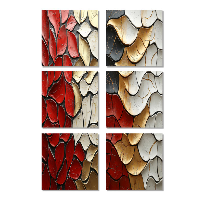 Ensemble de 6 décorations murales mosaïque rouge or et blanc Tango, Toile tendue, Ne s’applique pas
