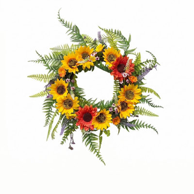 Couronne artificielle d'été 17,7 "avec fausses fleurs, fougères et verdure pour la porte d'entrée