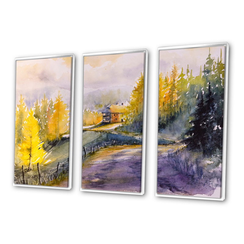 Paysage avec arbres jaunes, oranges et verts - ensemble d'art mural sur toile traditionnel encadré de 3, Blanc