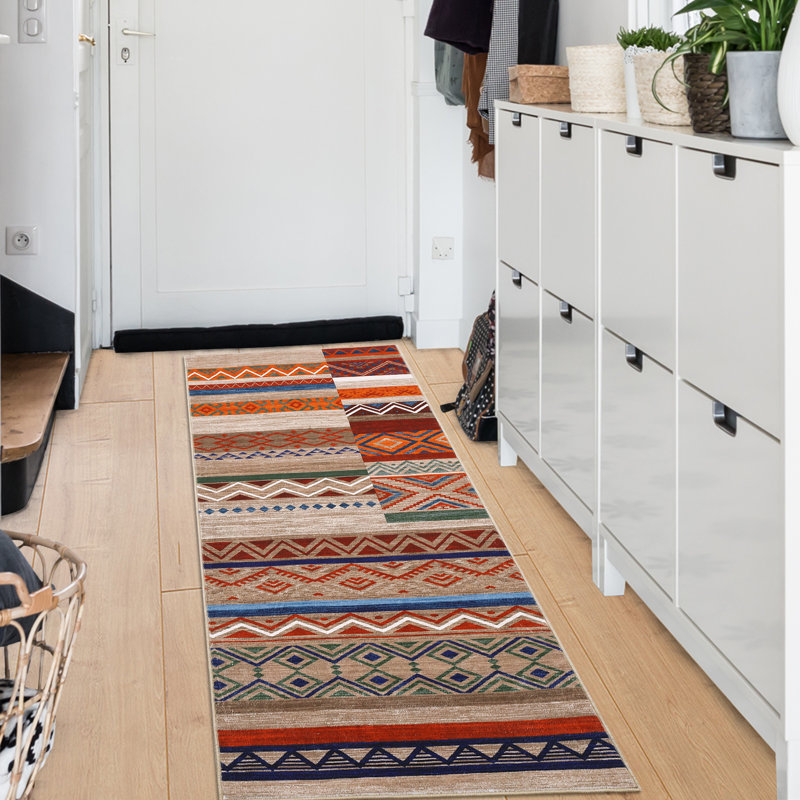 Geometric Machine Washable Rug for Living Room Bedroom Striped Non-Slip Low Pile Rubber Backing Area Rug for Playroom Office Kitchen Dining Room Dorm and Bedside Decor