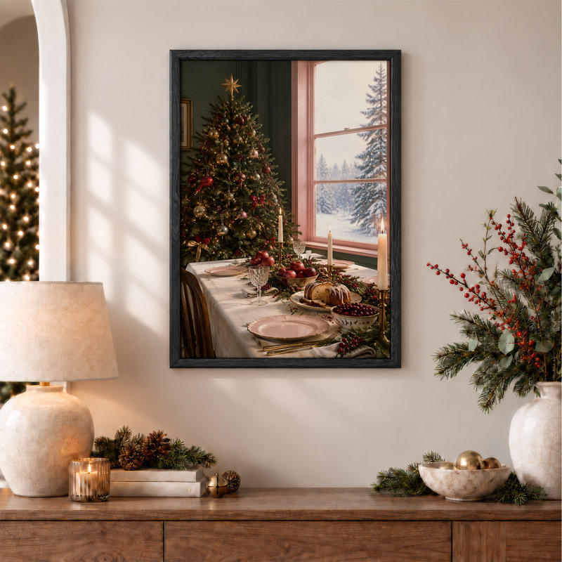 " Holiday Feast Table With Tree And Snow View Christmas ", 48"H x 32"W