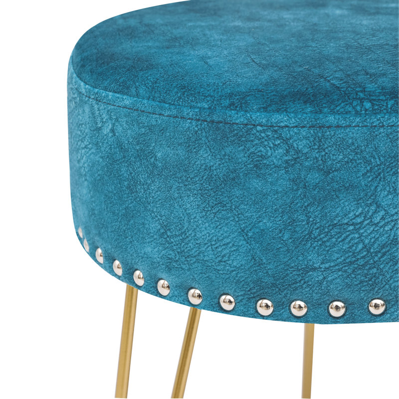 Velvet Round Footstool Ottoman, Blue Velvet