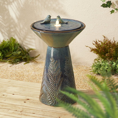 Two Birds Embossed Plant Pattern Pedestal Ceramic Fountain With Light