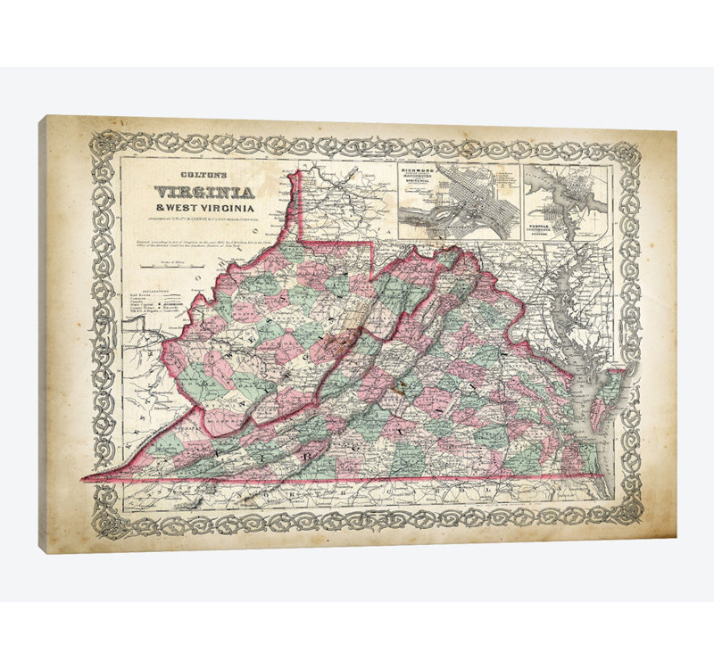 «West Virginia Map», impression sur toile, H 8 po x l 12 po x P 0,75 po, Toile tendue, Pas de tapis