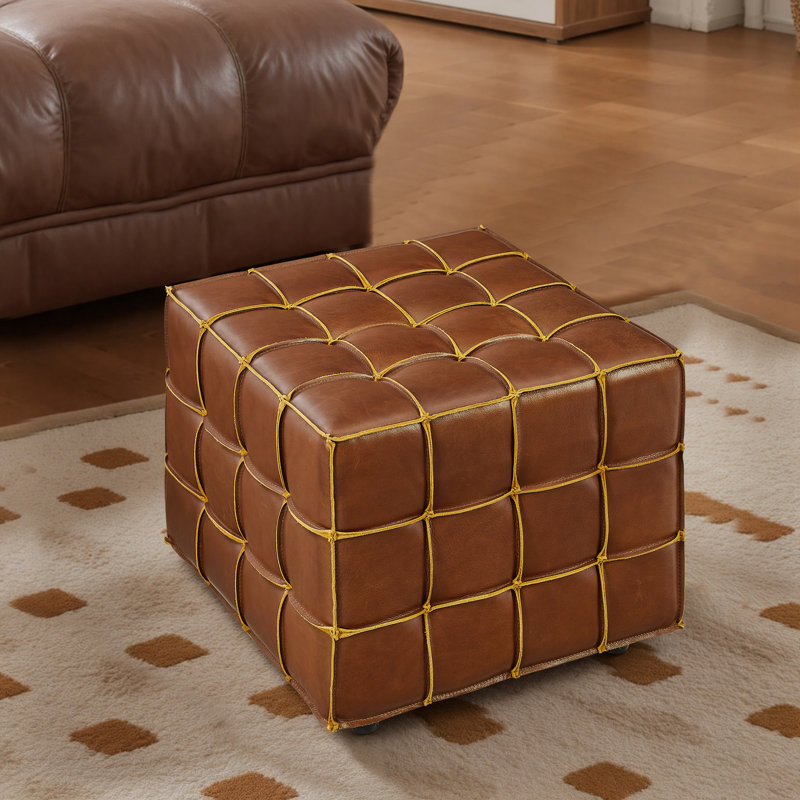 Genuine Leather Square Cube Ottoman Foot Stool, Dark Brown