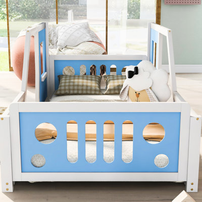 Lit simple pour voiture avec roulettes bleues - Bois de pin robuste et pour une chambre à coucher confortable