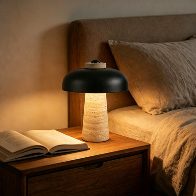 12" Natural Travertine Table Lamp With Black Metal Shade, Mid-Century Modern Solid Stone Desk Lamp For Office & Bedroom, Minimalist Mushroom Light