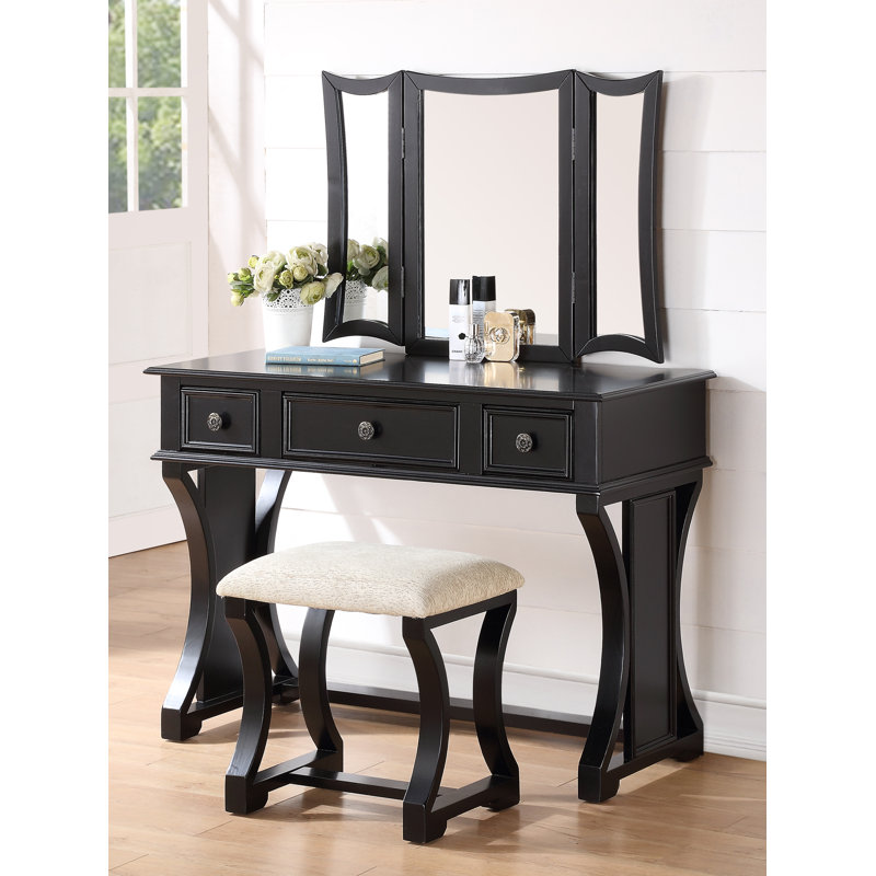 Ensemble coiffeuse avec tabouret et miroir Potterville, Beige