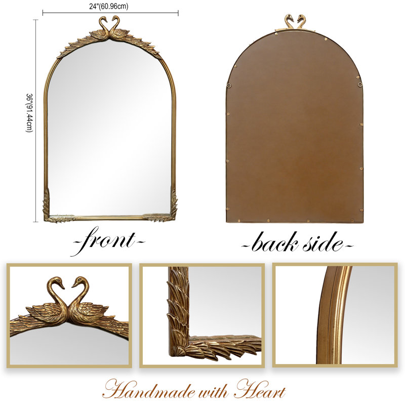 Antique Gold Arched Metal Wall Mirror with Double Swan Sculpture, Vintage Decorative Mirror for Bedroom Livingroom Bathroom