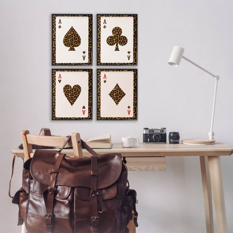 "Leopard" Ace Card, ensemble de 4 impressions sur toile encadrées, dessin par Lil 'Rue, H 14 po x l 44 po