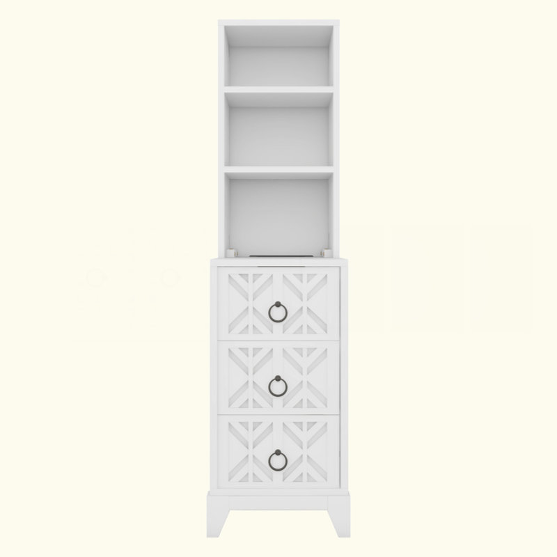 End Table With 3 Drawers, Corner Table With 2 Open Shelves, Tall Side Table For Bedroom And Corner, White