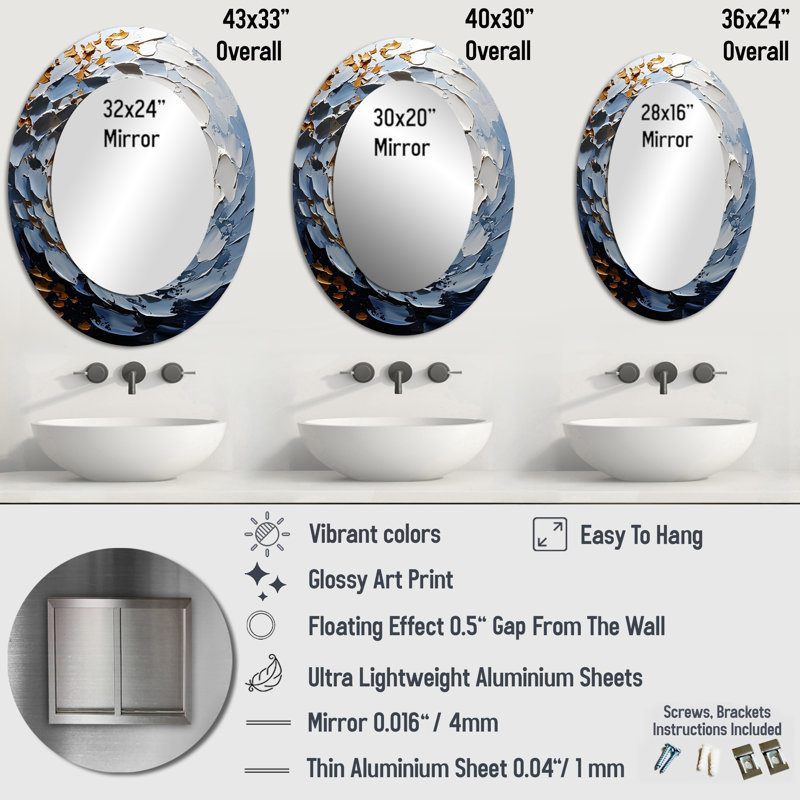 Miroir mural ovale en or et bleu Turbulent Waters, 36 po x 24 po