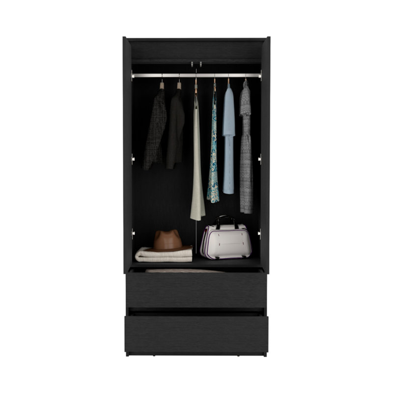 Armoire 2 tiroirs, porte double, tringle, Noir