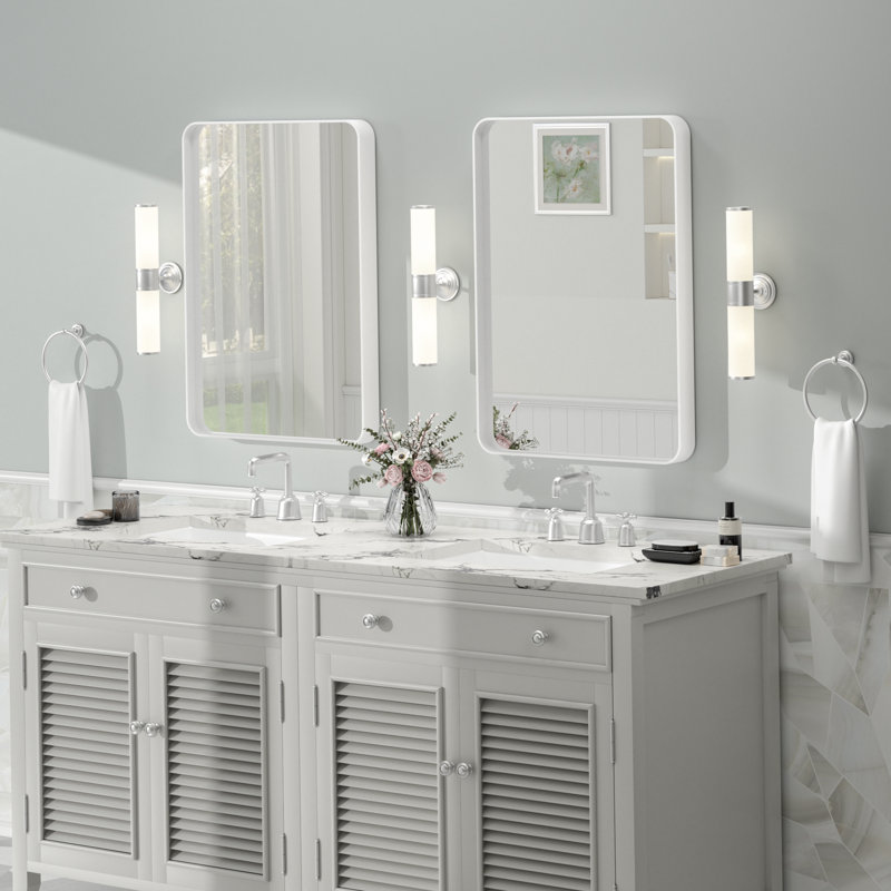 Miroir de salle de bain mural en verre trempé et métal Molly, 28 po x 20 po, Blanc, Rectangle(Rounded Corner)