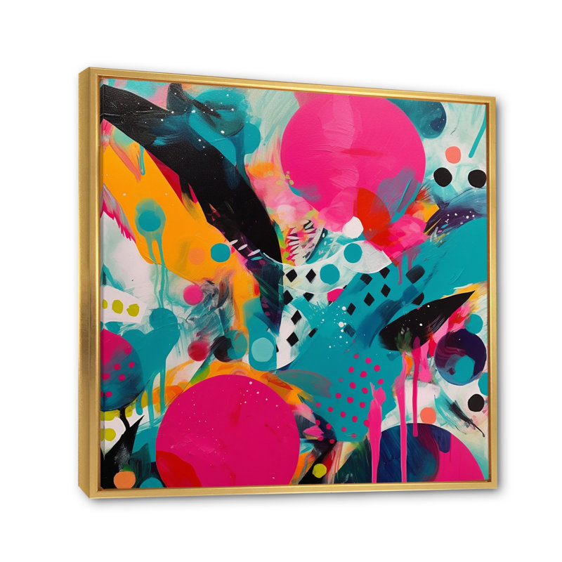Art abstrait sur toile rose et turquoise abstraite I, H 30 po x l 30 po x P 1 po, Cadre flottant doré