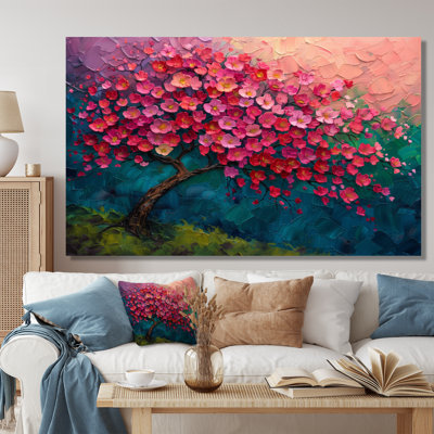 Arbre de vie rose rose et bleu vibrant - art mural cerisier en fleurs