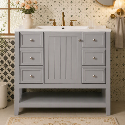 Meuble-lavabo 36 po avec lavabo, une armoire et trois tiroirs, panneau de bois massif et panneau de fibres à densité moyenne