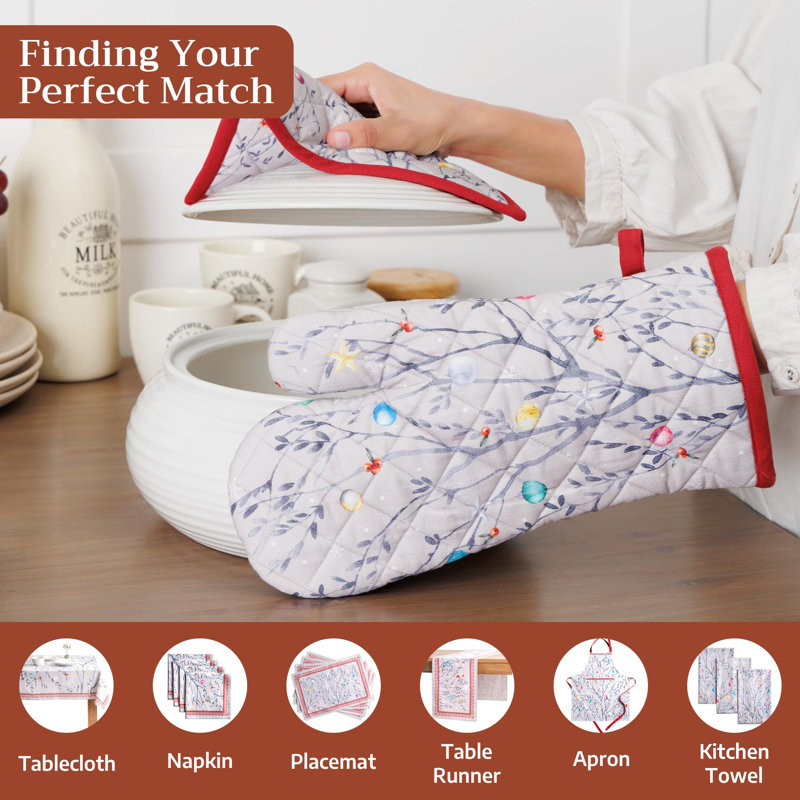 Maison d' Hermine Oven Gloves 100% Cotton Oven Mitt 7" x 13" with Loop Heat Resistant BBQ Cooking Gloves for Thanksgiving Christmas Decorations Baking Handling Hot Pans (Pack of 1, Fairy Christmas)