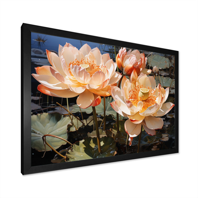 Coral Buddhist Art Lotus Serenity, reproduction d'art sur toile encadrée, Cadre simple noir, H 16 po x l 32 po x P 1 po