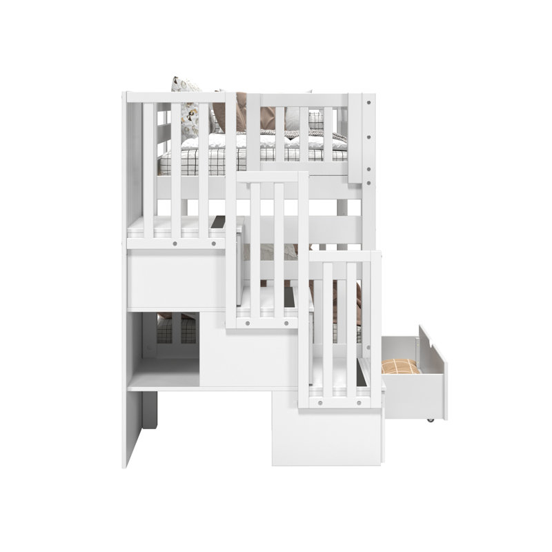 Tena Twin over Twin 3 Drawer Solid Wood Standard Bunk Beds with Stairway & 2 Under Bed Drawers, White