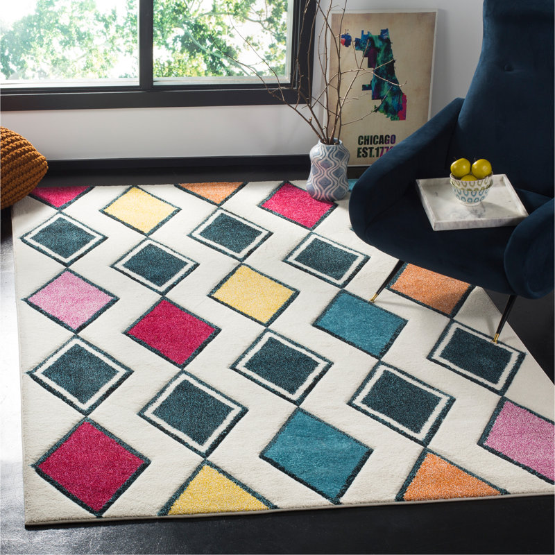 Tapis ivoire / bleu paon Kena, Rectangle 6 pi 7 po x 9 pi