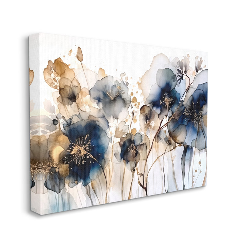 Navy and Gold Abstract Floral Canvas Print with White Frame
