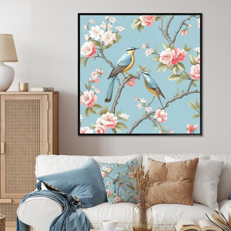 Chinoiserie avec oiseaux et pivoines - impression, Cadre flottant noir, H 30 po x l 30 po x P 1 po