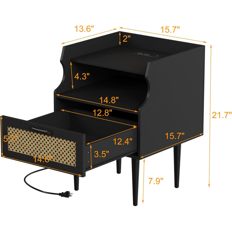 Table de chevet en rotin, ensemble de 2, table d'appoint moderne avec station de charge