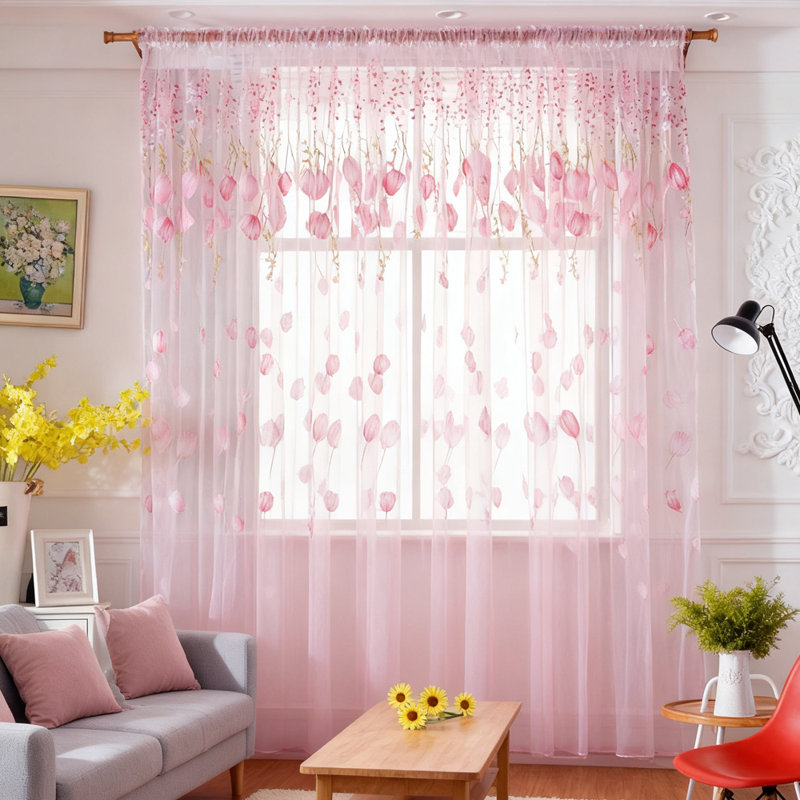 2 Panel Tulle Curtains, 100x200 cm Tulip Print Tulle Sheer Curtains, Rod Pocket, Living Room Bedroom Decor, Pink, Pink
