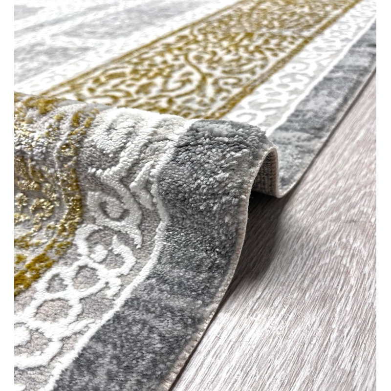Tapis turc à motif oriental gris et doré 6,5 x 10 pi, Tapis de couloir 4 pi 11 po x 10 pi