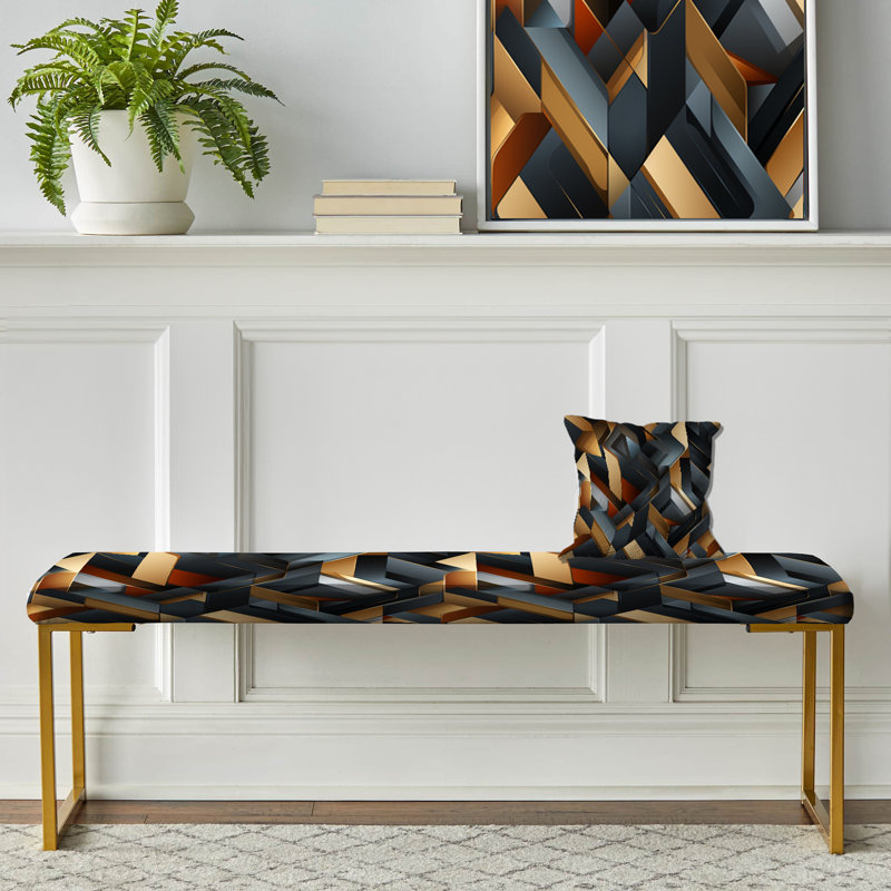 Teal Structured Chic Geometric Melody - Geometric Upholstered Gold Bench, Black Structured Geometric