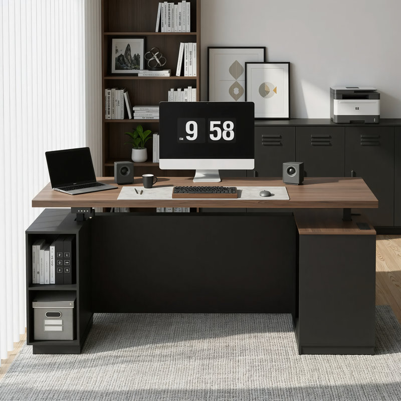 Adonia 71" W One-Piece Electric Height Adjustable Executive Desk With Privacy Panel Charging Station, Open Storage For Home Office