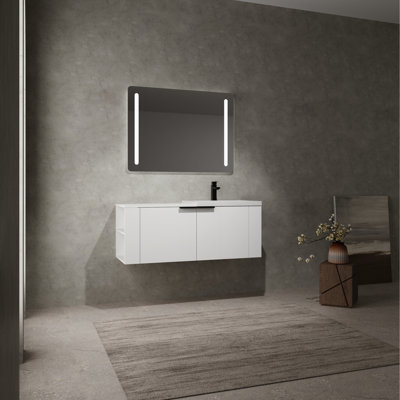Meuble-lavabo de 48 po pour espaces larges, armoire moderne. Blanc, contreplaqué, vaste espace de rangement, conception américaine, procédure d'assemblage simple, grandes armoires de salle de bain. Fabrication en contreplaqué