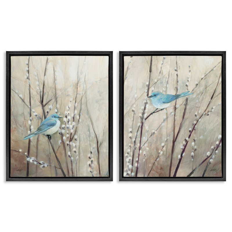 Ensemble de 2 toiles flottantes encadrées Peaceful Blue Birds par Julia Purinton, Cadre flottant noir de jais