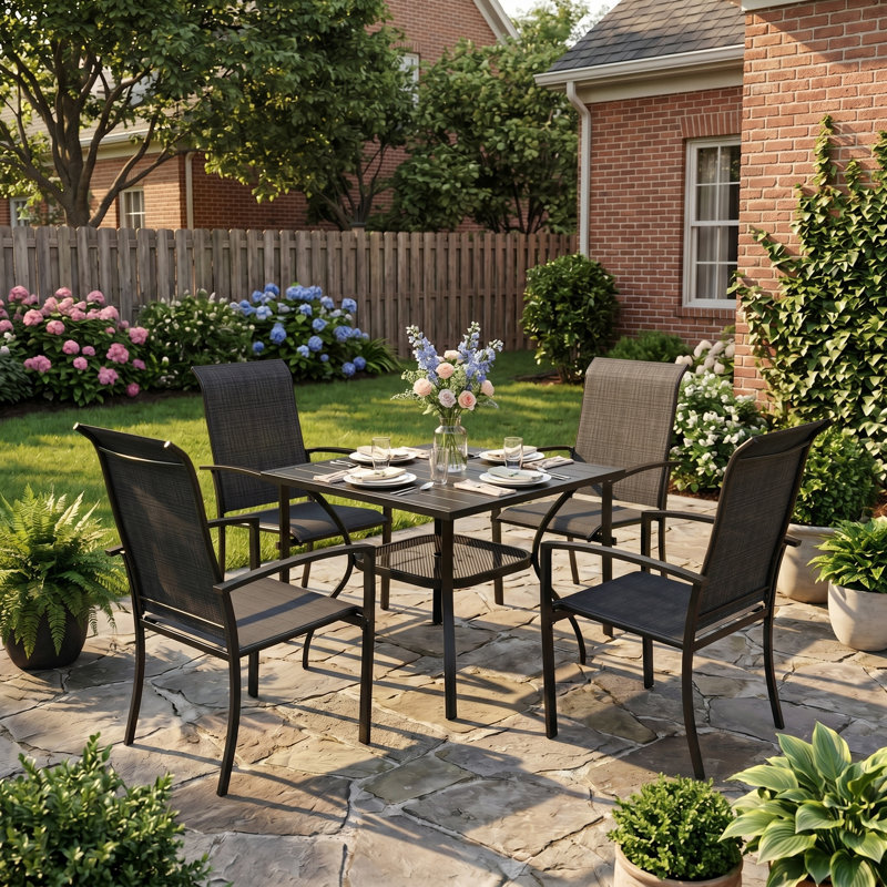 4-Person Square Patio Dining Set With Stackable Textilene Chairs, Black/Black