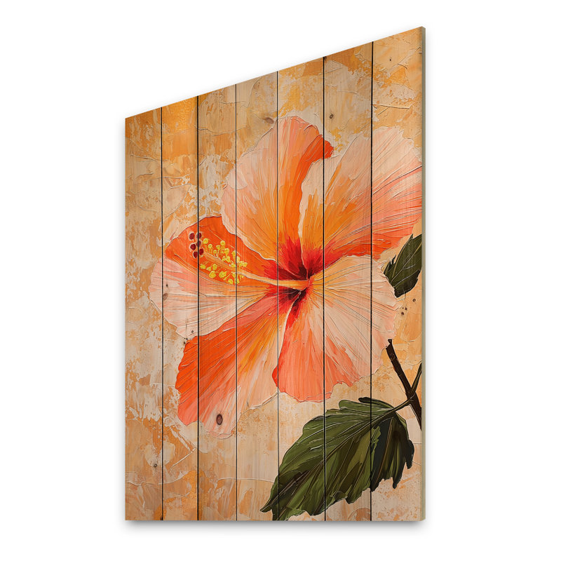 Fleur d'hibiscus au coucher du soleil I - Décoration murale traditionnelle en bois sur bois de pin naturel, H 32 po x l 24 po