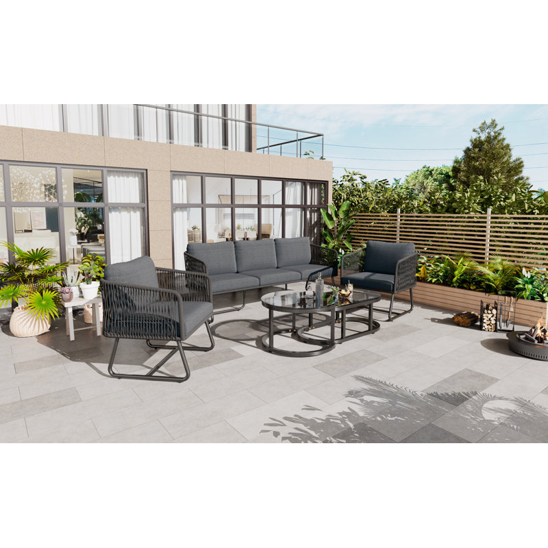 166cm Long  Garden Lounge Set, Thick Quality Space Saving Sofas With Glass Coffee Table, Grey