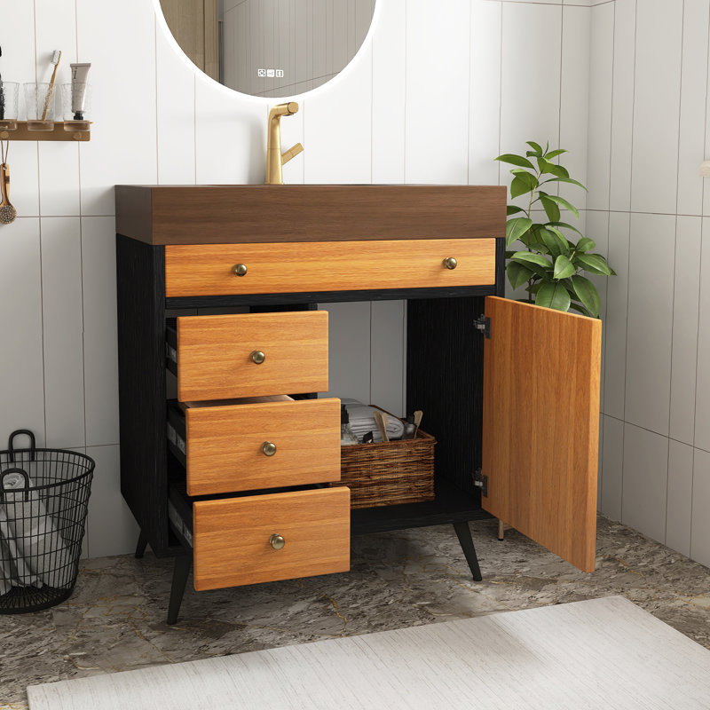Meuble-lavabo autoportant de 30 pouces avec lavabo en céramique et plateau en pierre frittée, avec 3 tiroirs et 1 porte à fermeture en douceur