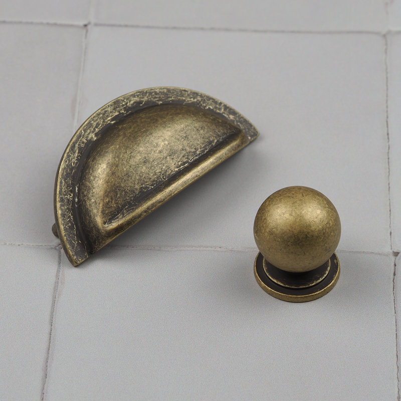 Rustic Antique Brass Cup Handle & Coordinating Knob, 76mm Cup