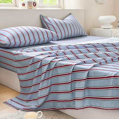 Draps en percale rayée, draps de lit en microfibre douce prélavée à fines rayures, ensemble de draps de style ferme avec poches profondes