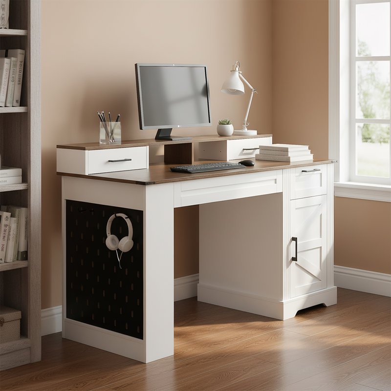 Bureau de ferme 55 "avec armoire de rangement et station de charge (tabourets non inclus), Noyer