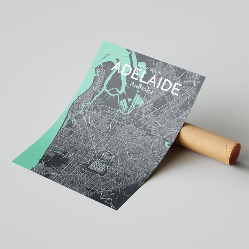 Adelaide City Map, impression, H 24 po x l 18 po, Vert / gris
