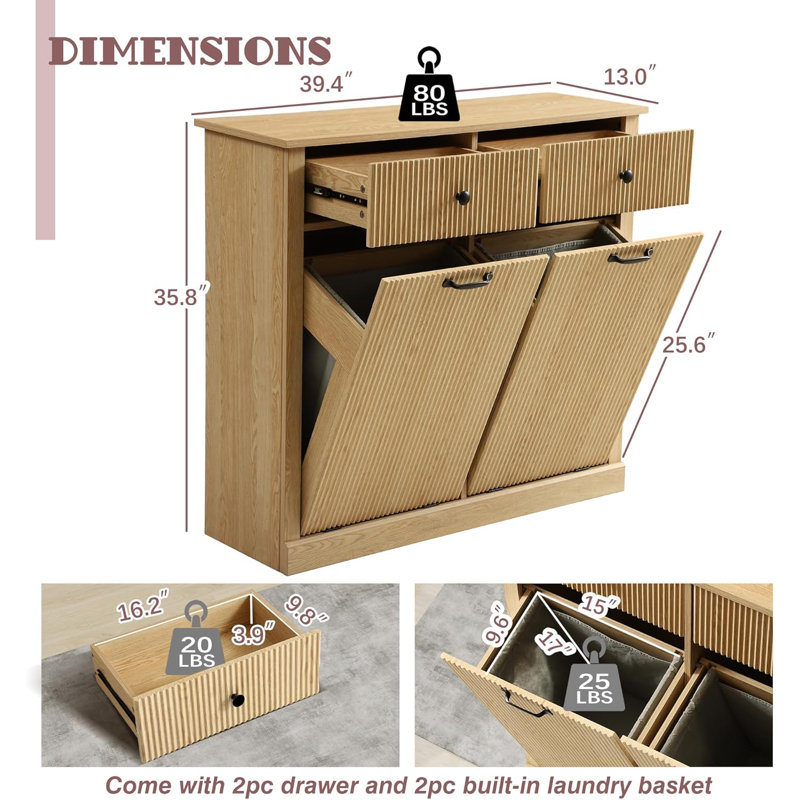 Double Tilt Out Laundry Hamper Cabinet, Modern Fluted Trash Can Cabinets With Drawer, Wooden Hidden Garbage Cabinet For Kitchen And Bathroom