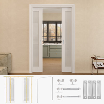 Porte de garde-robe coulissante double en verre givré 1-Lite 36 "x 80" avec quincaillerie argentée et cadre de porte blanche